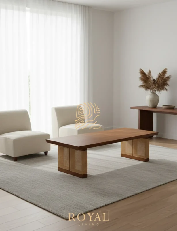 SUWAR Coffee Table Kayu Solid Kombinasi Rotan
