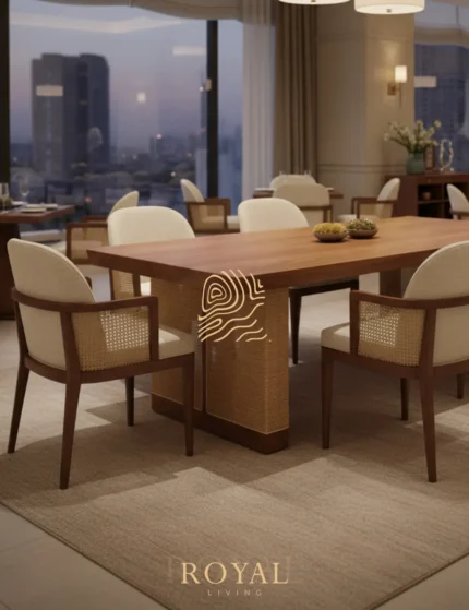 SUWAR Dining Table Kayu Solid Kombinasi Rotan 6 Kursi Cafe Jepara
