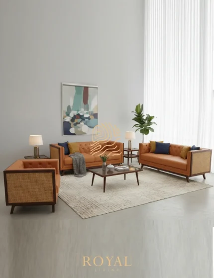 CANE Sofa Tamu Minimalis Jok Kulit Synthetic Kombinasi Rotan