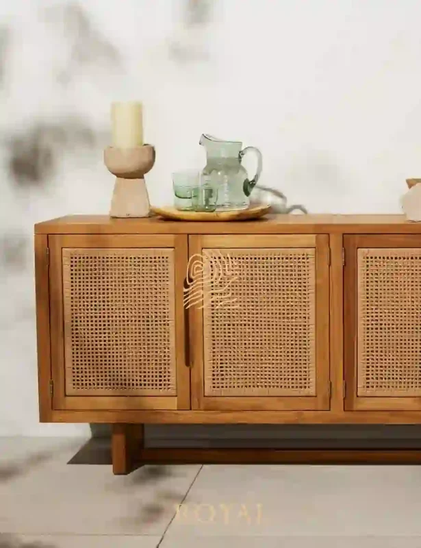 Pintu 4 BROKLANE Bufet TV Minimalis Kayu Jati x Rotan